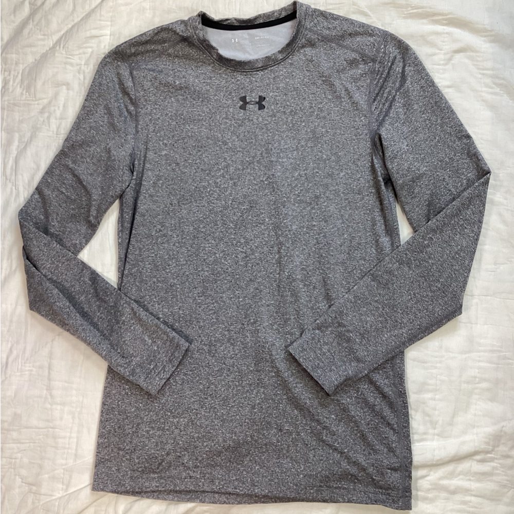 Mens Under Armour Fitted Cold Gear Long Sleeve Athletic Tee Gray Small